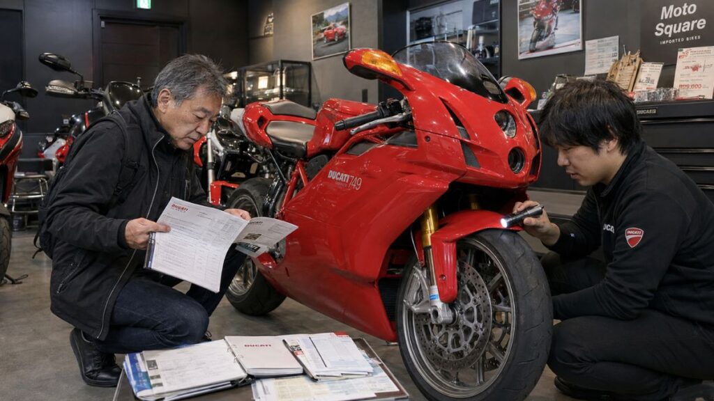 中古ドゥカティ749の冷間始動と整備記録を確認する購入希望者