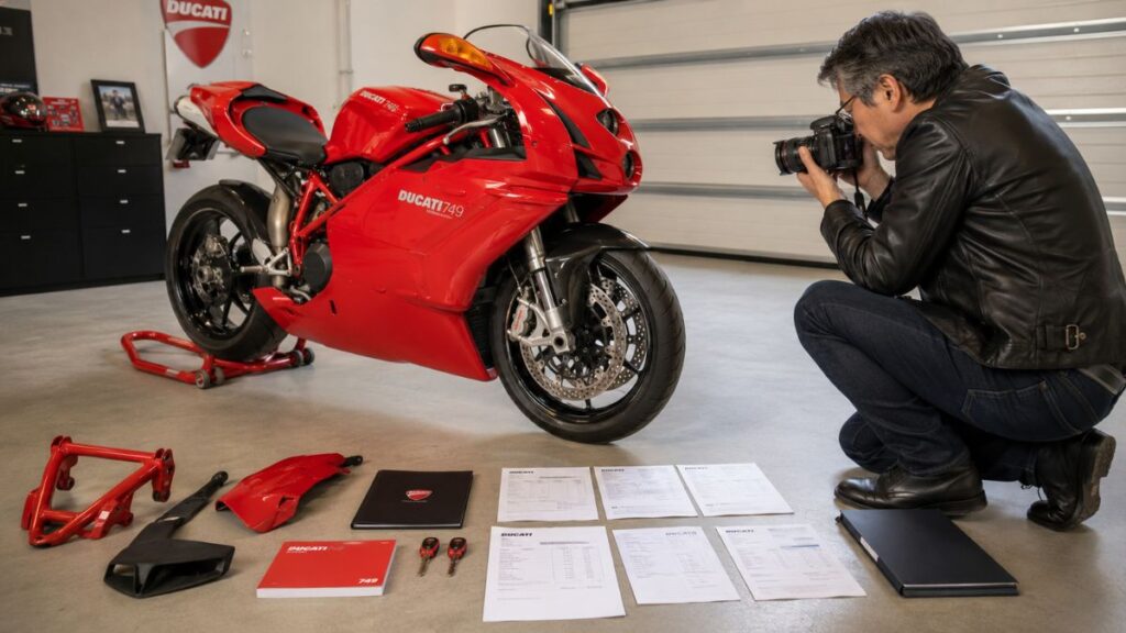 ドゥカティ749の査定前に車体写真と整備記録や純正部品を準備するオーナー