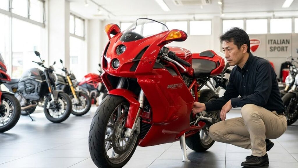 バイクショップでドゥカティ749の中古車の状態や整備履歴を確認する様子