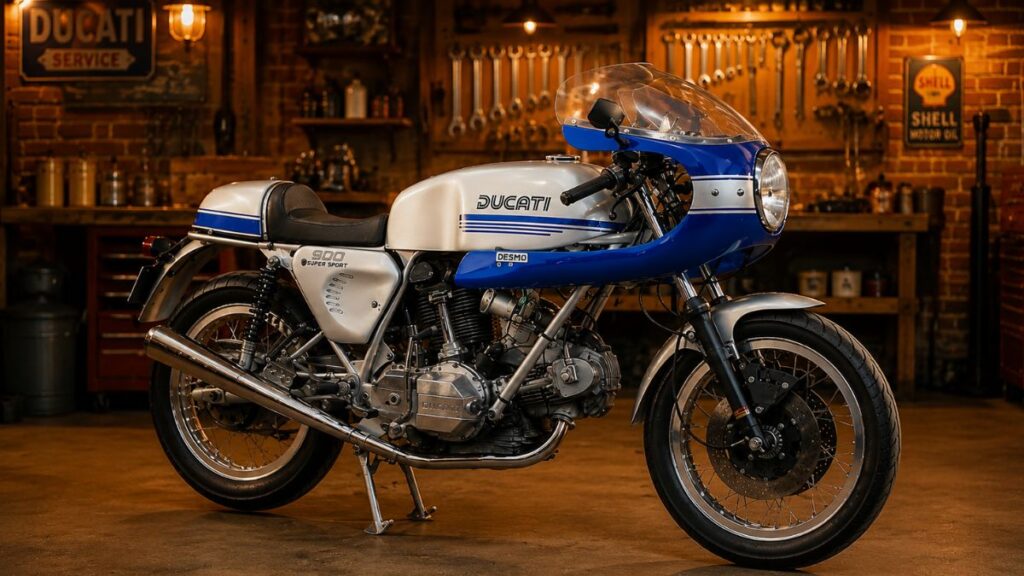 ガレージで美しくレストアされ、メッキパーツが輝くドゥカティ900SS
