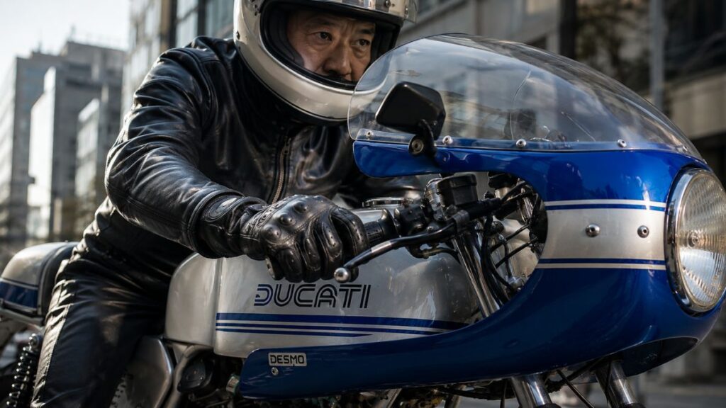 街中でドゥカティ900SSの重いクラッチレバーを握る40代〜50代の日本人ライダー