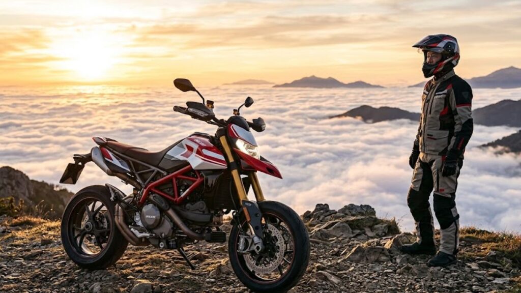 山頂の展望台に停めたハイパーモタードV2 SPと、日の出を眺めるヘルメット着用の日本人ライダー。