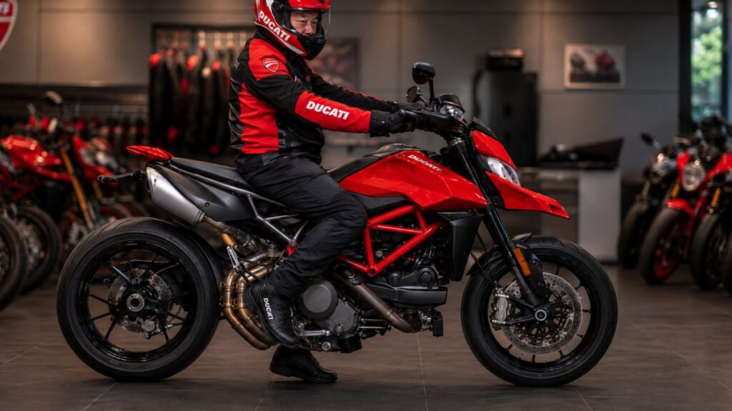 ドゥカティ販売店で、ハイパーモタード950にまたがり、片足で不安定に支える日本人ライダー（身長170cm目安）の足元。