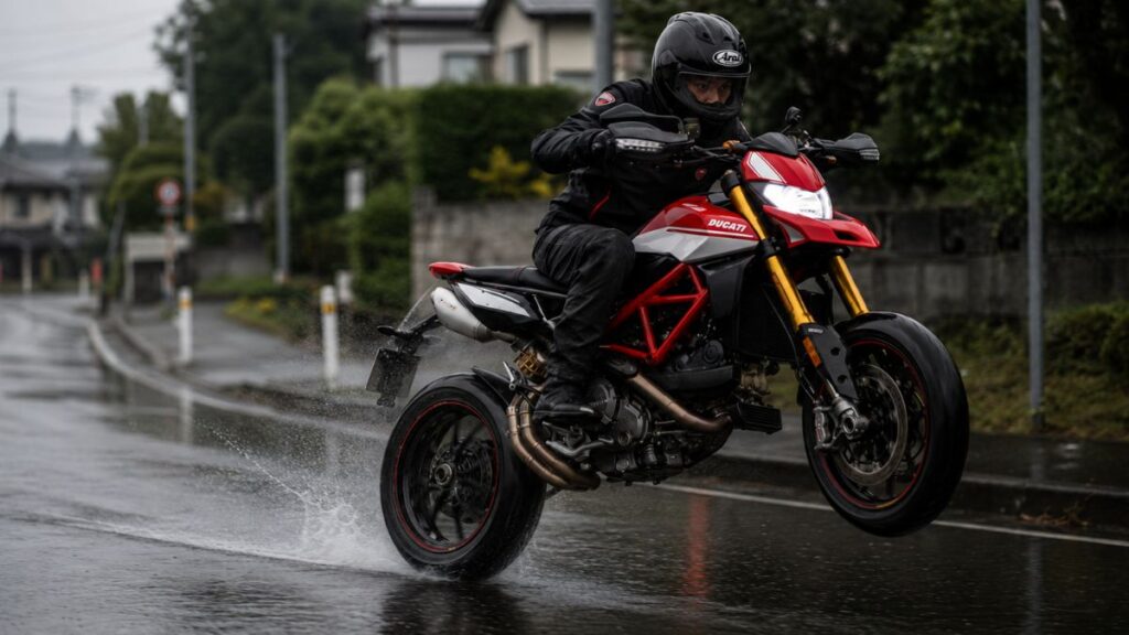 雨上がりの濡れた路面で、急加速時にフロントがわずかに浮き上がるのを抑えようと電子制御が介入する、ドゥカティ ハイパーモタード950 SP。