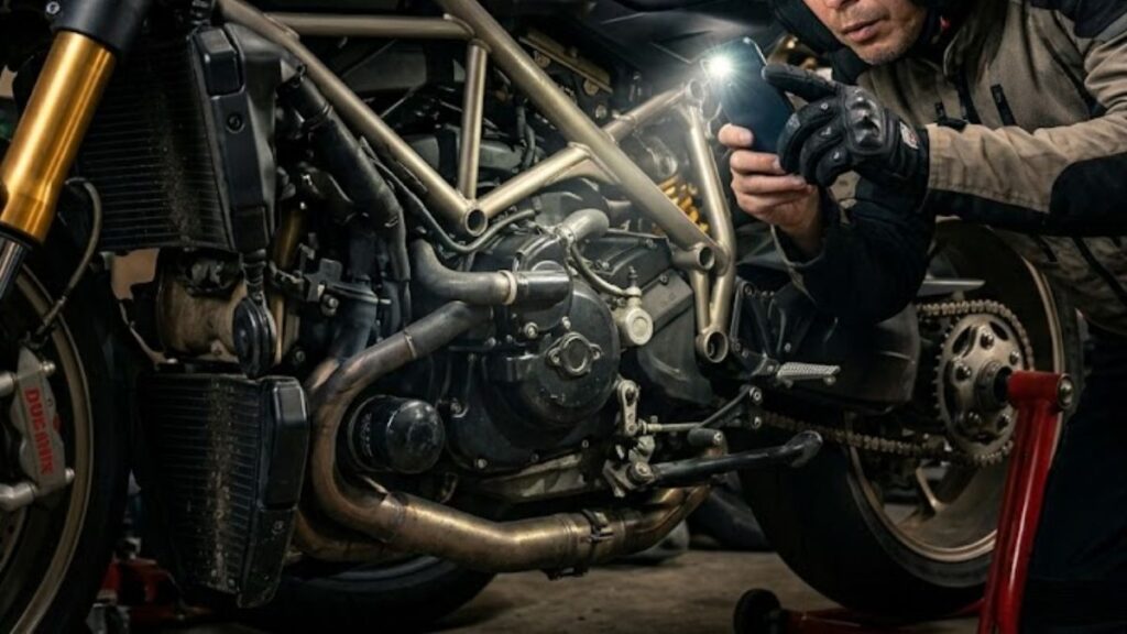 薄暗いガレージで、スマートフォンを片手に中古のドゥカティ ストリートファイターSを現車確認するライダー。ヤフオクなどの個人売買では、整備履歴不明の現状渡しとなることが多く、購入後の高額な修理費リスクを考慮する必要があります。