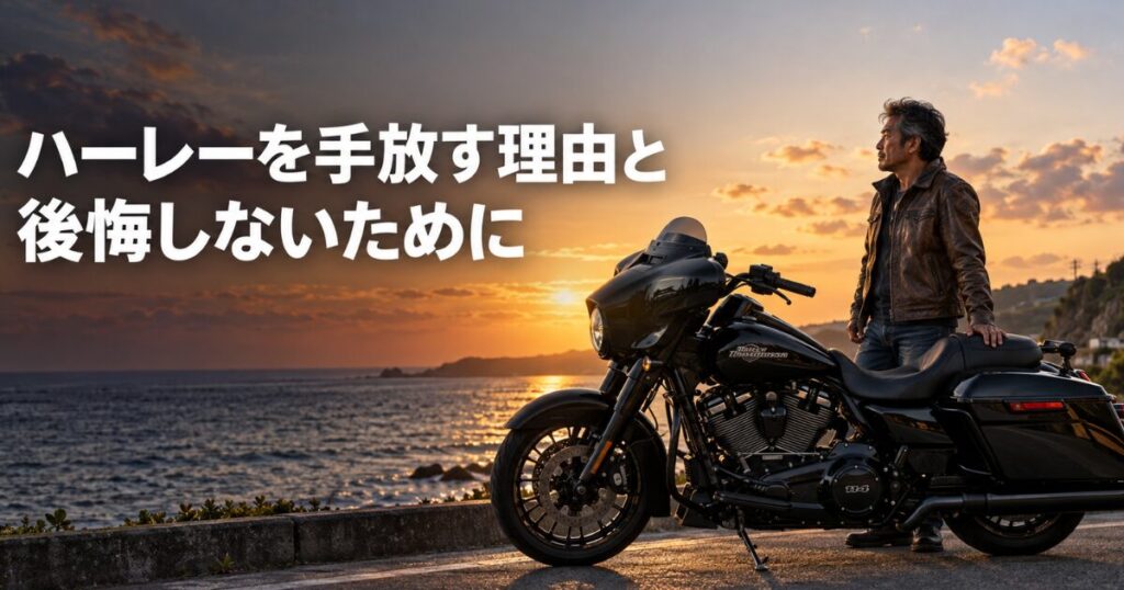 夕暮れの沖縄の海沿いの道で、大型ツーリングバイクのシートに手を置き、売るか残すか考える50代後半の男性