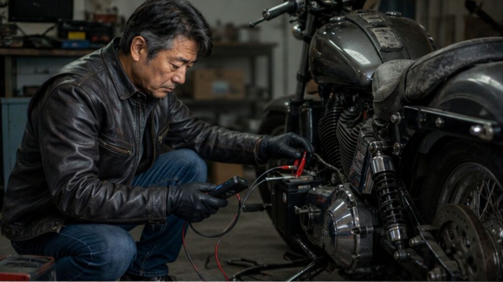 長期間乗っていないハーレーのバッテリーやタイヤを点検する男性