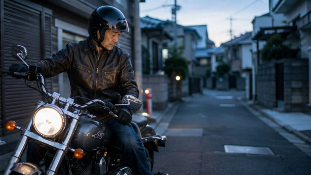 早朝の住宅街でハーレーの排気音を気にする50代男性