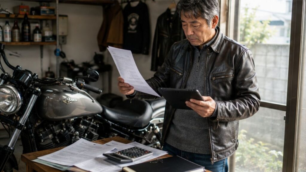 ハーレーの車検前に整備費用と査定額を比較する50代男性