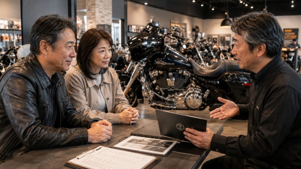 認定中古ハーレーの保証内容を販売店で確認する日本人夫婦