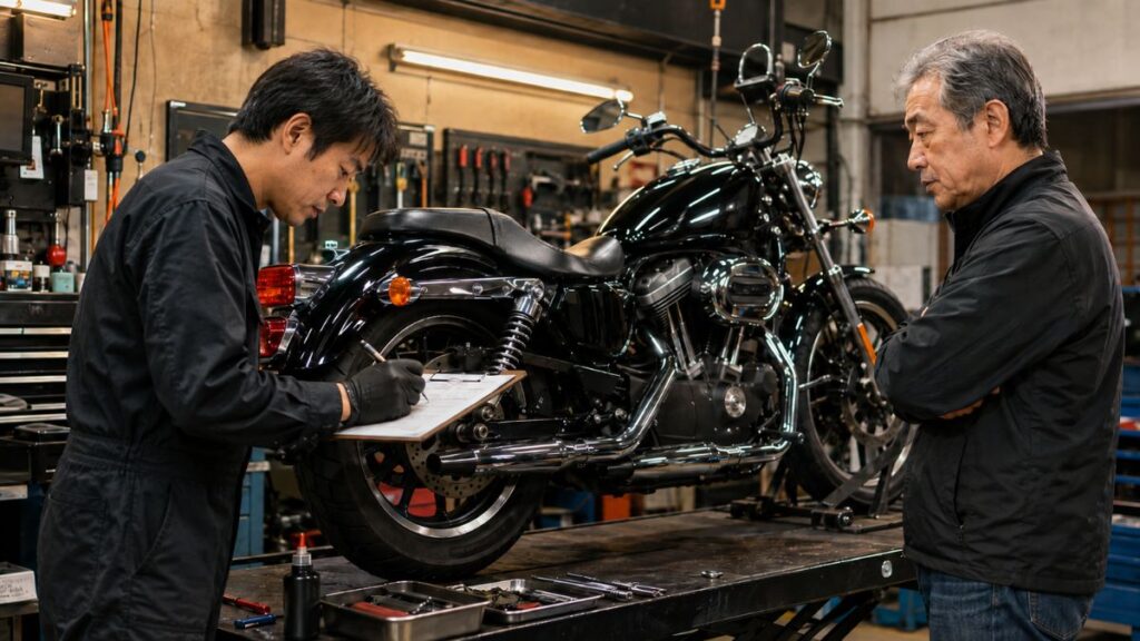 中古ハーレーの納車整備内容を書面で確認する日本人男性