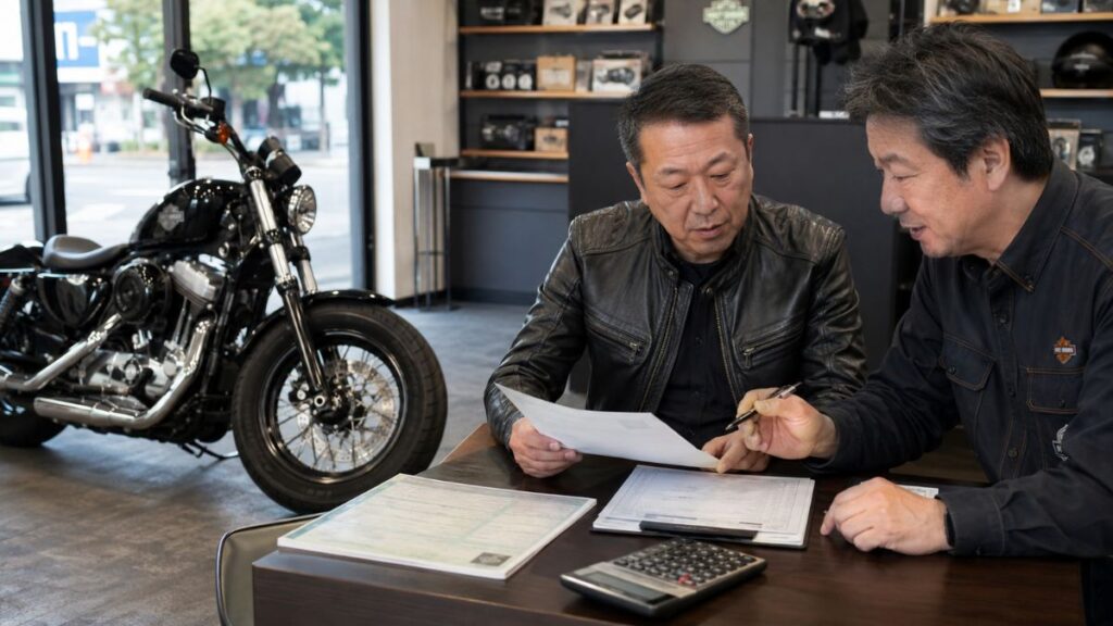 中古ハーレーの支払総額を見積書で確認する日本人男性