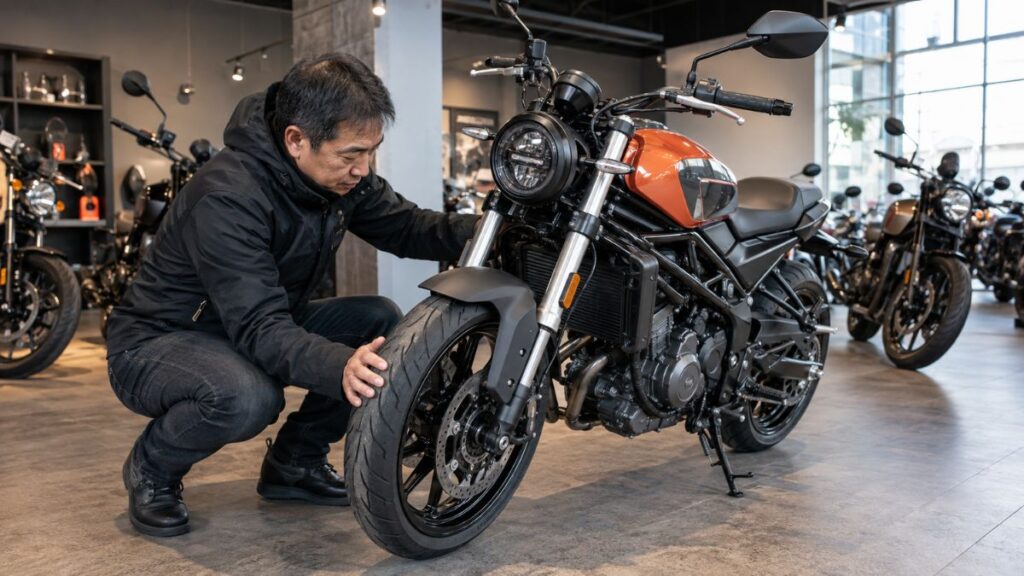 中古のハーレーX350を点検する50代の日本人男性