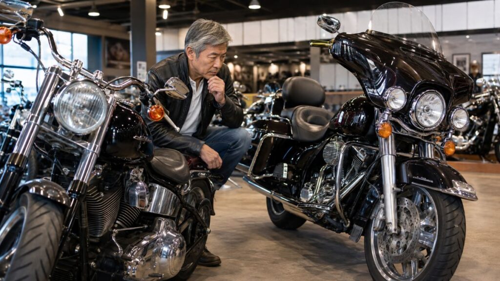 ツインカム96と103の中古ハーレーを比較する60代男性