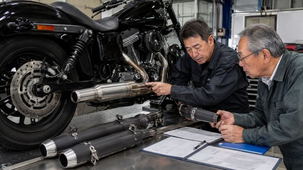中古ハーレーの社外マフラーと車検適合性を確認する様子