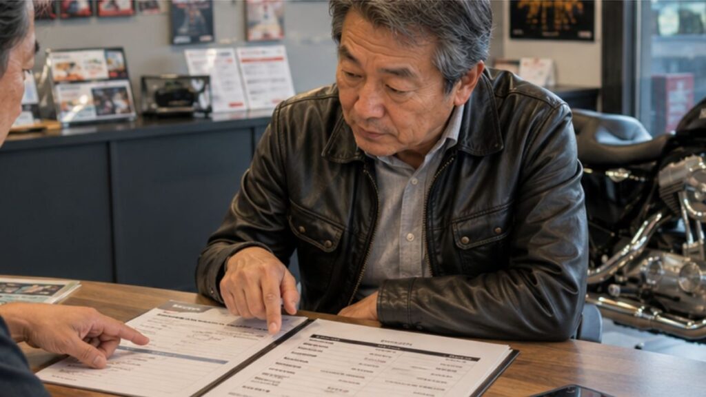 ハーレー883の保証内容や交換部品を書面で確認する50代男性