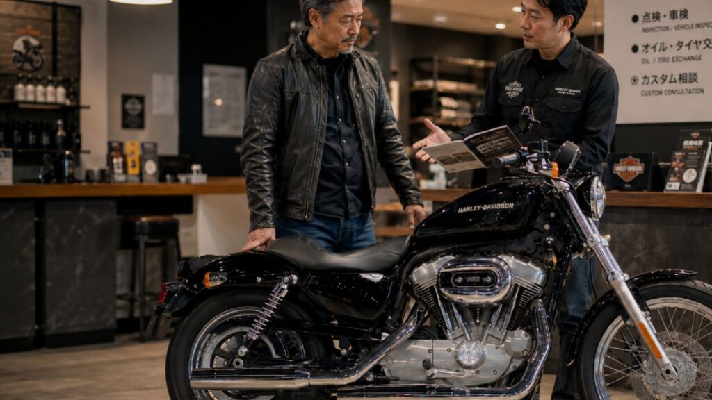 ハーレー883の購入後サポートを販売店スタッフへ相談する60代男性