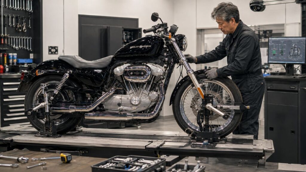 中古ハーレー883のフレームや車体を点検する日本人整備士