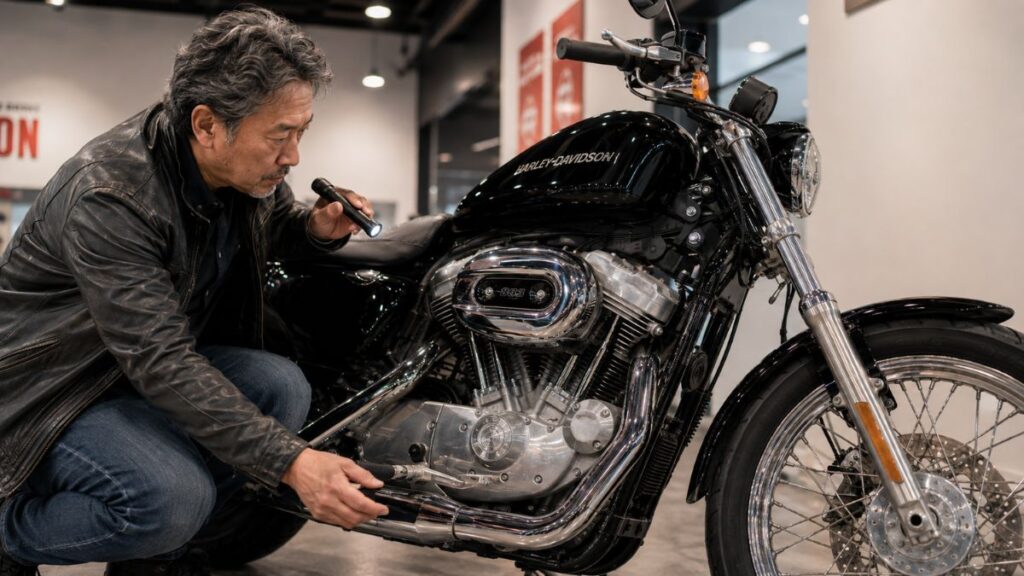 ハーレー883の転倒傷や修復跡を確認する50代の中古車購入者