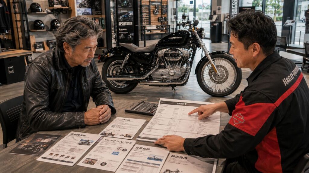 ハーレー883の車両価格や納車整備費を見積書で確認する60代男性