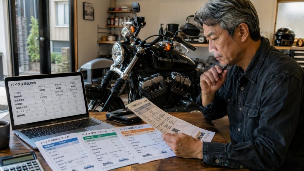 ハーレー883の任意保険とロードサービスを比較する50代男性