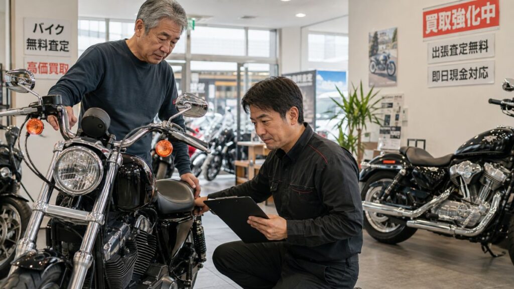 ハーレー883への乗り換え前に現在のバイクを査定する60代男性