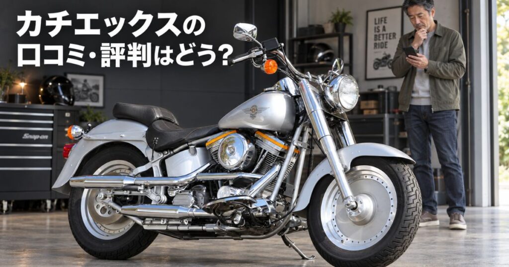 高級バイクのそばでスマートフォンの査定結果を確認する50代から60代の日本人男性