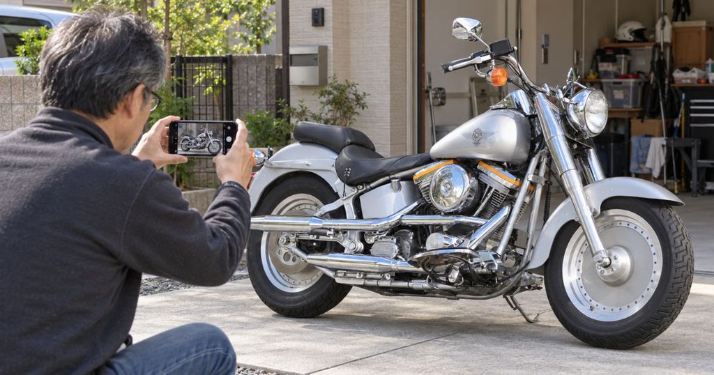 オンライン査定に送るため愛車をスマートフォンで撮影する50代から60代の日本人男性