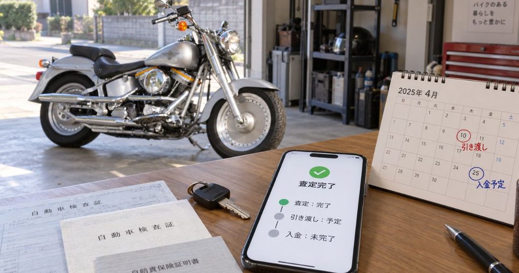 査定結果を表示したスマートフォンとバイクの鍵、書類、カレンダーが並ぶ売却手続きの場面
