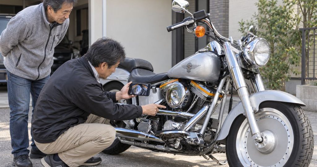 引き取り時にスマートフォンの査定写真と実車の傷や状態を照合するバイク所有者と買取担当者