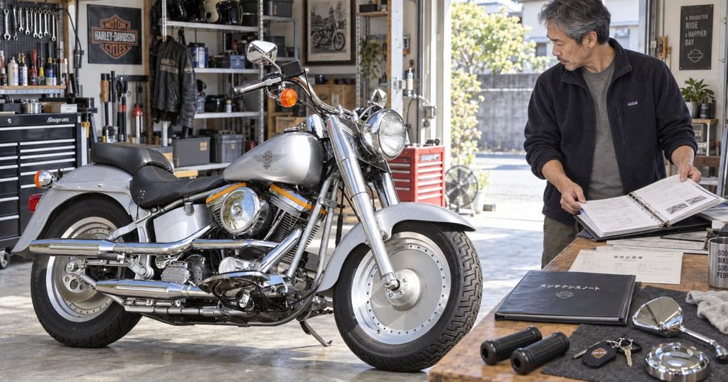 愛車のそばで整備記録やスペアキー、付属品を確認し査定準備をする50代から60代の日本人男性