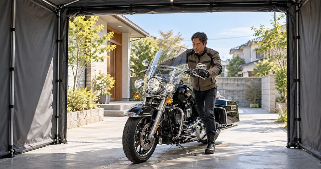 住宅の駐車スペースで、ロードキングを広い入口からガレージテントへまっすぐ押し入れる50代の日本人男性