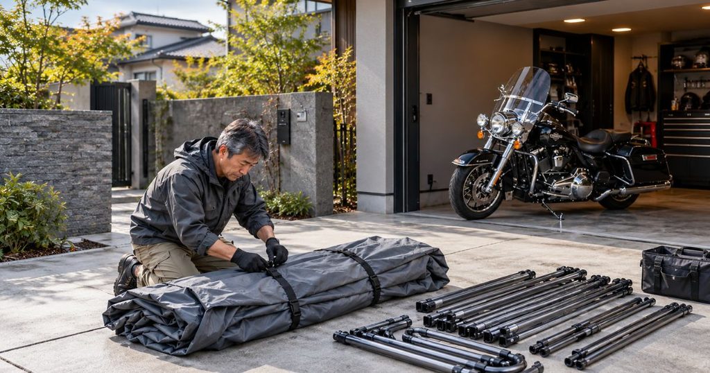 台風に備えてガレージテントのカバーを畳む50代の日本人男性と、屋内ガレージに避難させたロードキング
