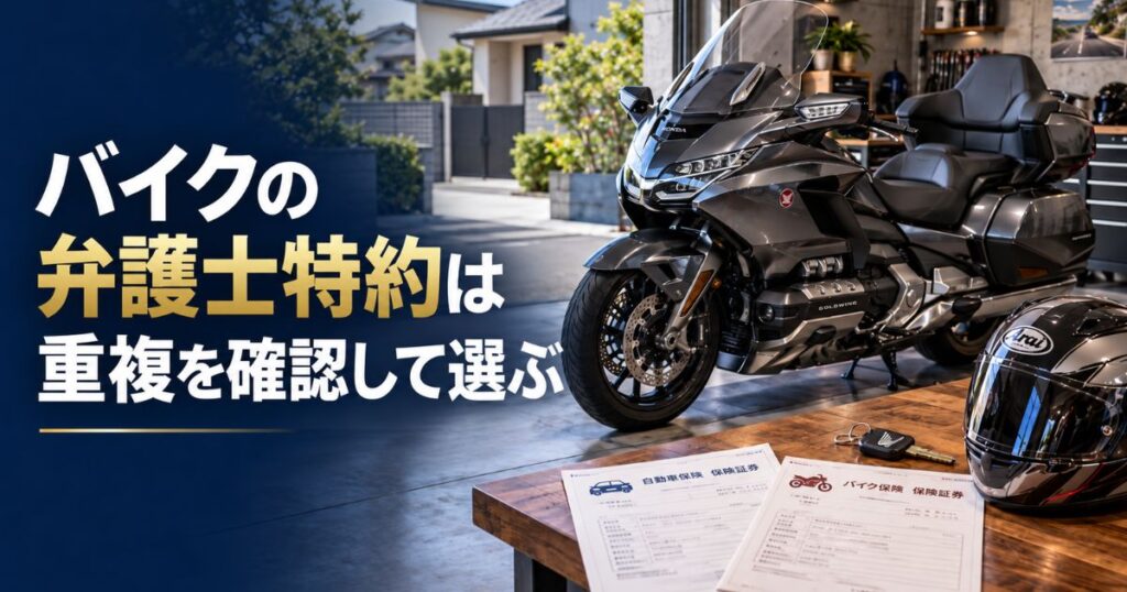 ガレージに停めた大型バイクとヘルメット、重ねた保険証券を背景に弁護士特約の重複確認を伝える画像