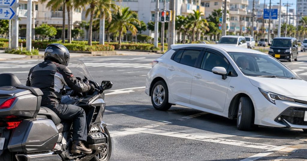 沖縄の交差点で右折してきた白い乗用車を避けるため、直進中の大型バイクが急ブレーキをかける場面