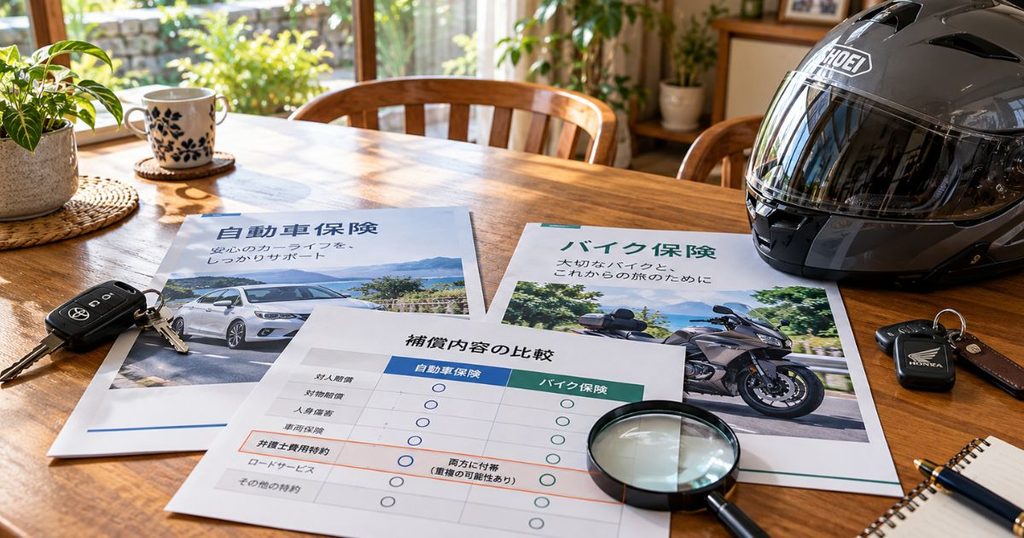 自宅の食卓に並べた自動車保険とバイク保険の証券、車とバイクの鍵、ヘルメットを使った家族補償の確認イメージ