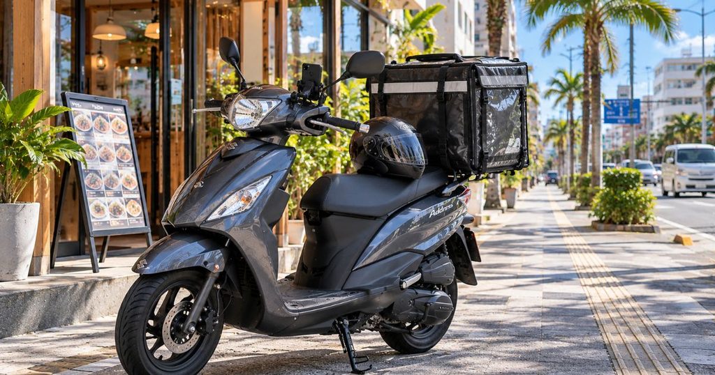 沖縄の飲食店前に停められた配達用ボックス付きの原付バイクと、ヘルメットやスマートフォンホルダーなどの業務用装備