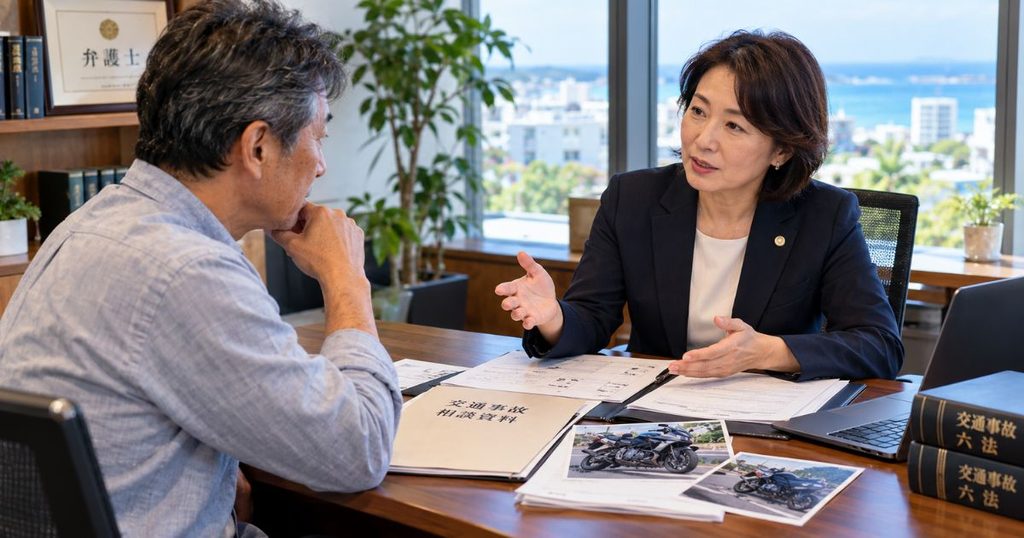 交通事故に詳しい50代の日本人女性弁護士に、バイク事故の賠償交渉について相談する50代の男性ライダー