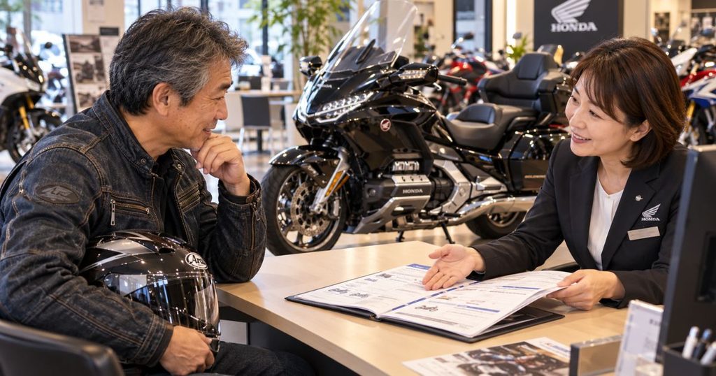 バイク販売店の保険相談カウンターで、50代の男性ライダーが担当者に任意保険の当日加入について相談している様子