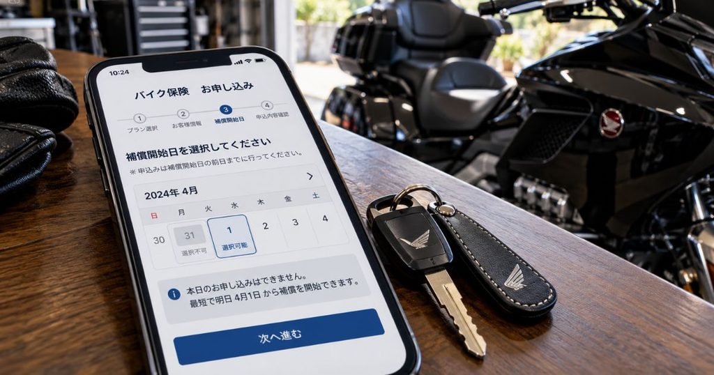 バイクの鍵が置かれたテーブルで、スマートフォンの保険申込画面に当日を選択できない日付カレンダーが表示されている様子