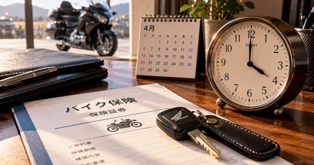 午後4時を指すアナログ時計とバイクの保険証券、車両の鍵を机に並べ、任意保険の補償開始時刻を示した写真