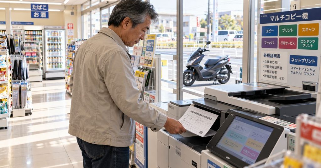 コンビニのマルチコピー機で60代の男性がバイクの自賠責保険証明書を印刷し、店の外には125ccクラスのスクーターが停まっている様子