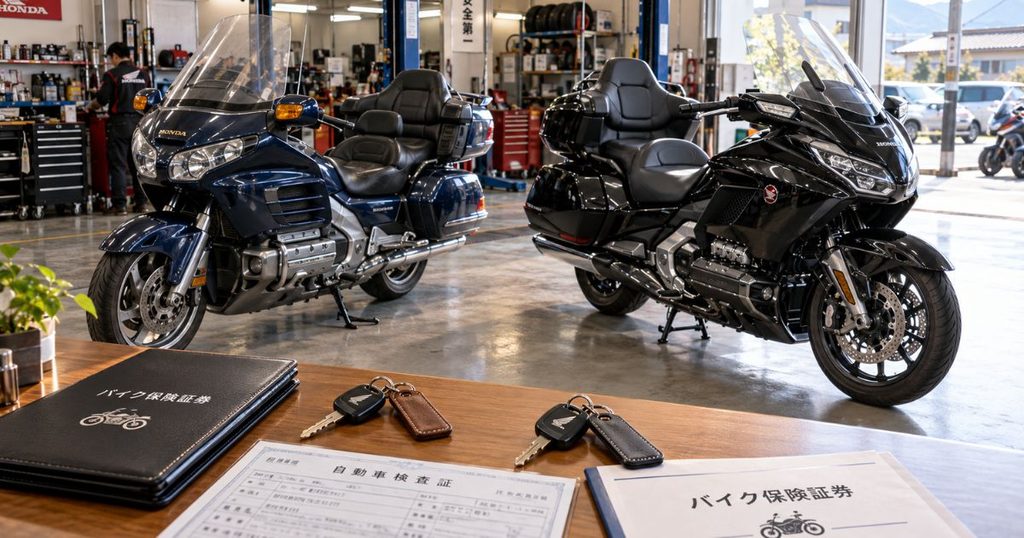 バイク販売店の整備スペースに旧型と新型のツーリングバイクが並び、手前に車両入替に使う保険書類と2台分の鍵が置かれている写真