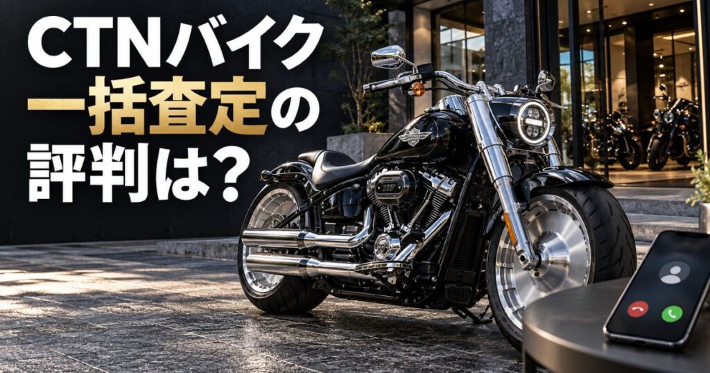 黒いハーレーダビッドソン・ファットボーイと着信中のスマートフォンを配置し、CTNバイク一括査定の評判と電話の実態を紹介する画像