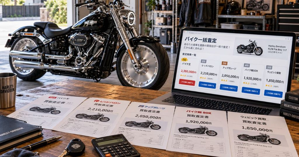 自宅ガレージに置かれた黒いファットボーイと、複数のバイク買取業者による査定額を表示したノートパソコン