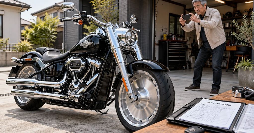 CTNバイク一括査定への申し込みに向けて、自宅ガレージ前で黒いファットボーイをスマートフォンで撮影する60代の日本人男性