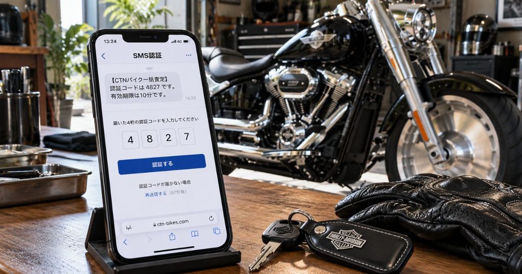 黒いファットボーイを背景に、バイク一括査定の電話番号認証に使用する4桁のSMS認証コードを表示したスマートフォン
