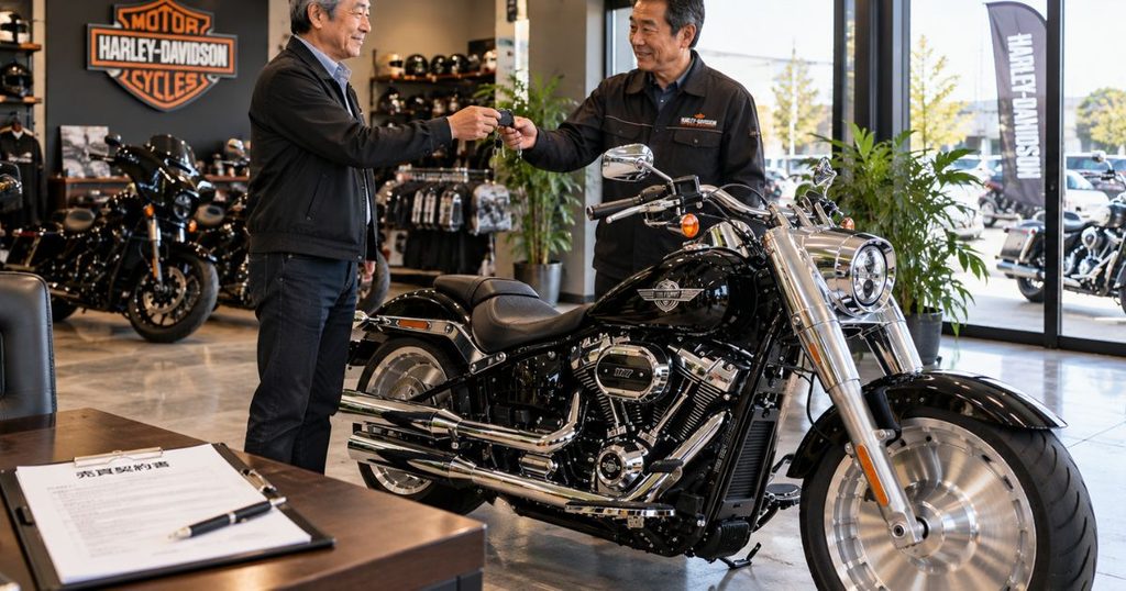 複数の査定を比較して高値で売却した黒いファットボーイの鍵を、バイク買取店の担当者に手渡す60代の日本人男性