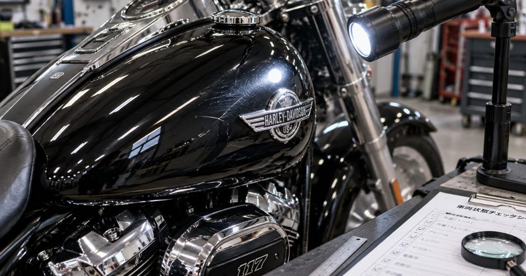 バイク買取査定で減額の原因となるファットボーイの燃料タンクの細かな傷を、点検用ライトで照らして確認する様子