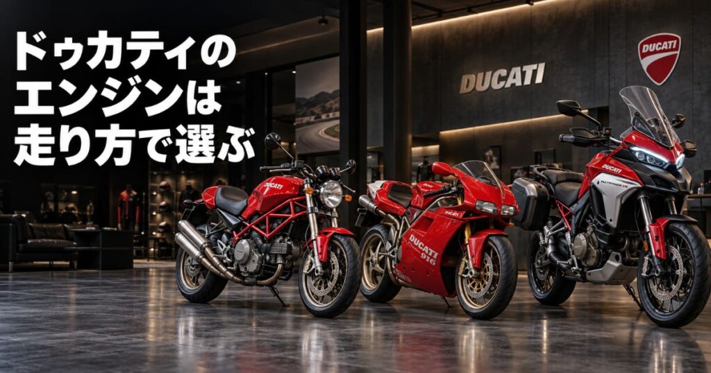 ショールームに並ぶドゥカティのモンスター900、916、ムルティストラーダV4とエンジンの選び方を示すタイトル
